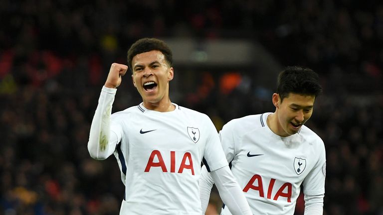 Tottenham's Dele Alli celebrates his goal with Heung-min Son against Watford
