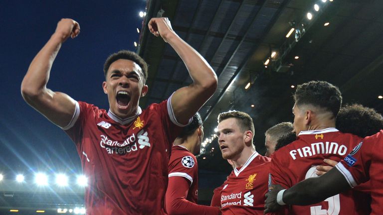 Trent Alexander-Arnold celebrates after Alex Oxlade-Chamberlain (not pictured) doubles Liverpool's lead during their UEFA Champions League quarter-final tie against Manchester City at Anfield