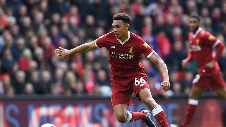 Trent Alexander-Arnold in action for Liverpool during the Premier League match against Stoke City