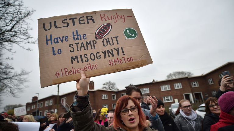 Protestors demonstrate outside the home of Ulster rugby at Kingspan stadium on April 13, 2018 in Belfast, Northern Ireland