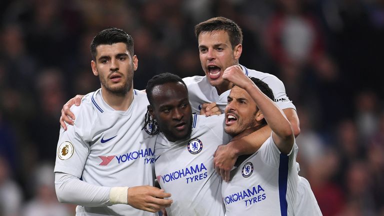 Victor Moses celebrates with Chelsea team-mates after scoring against Burnley