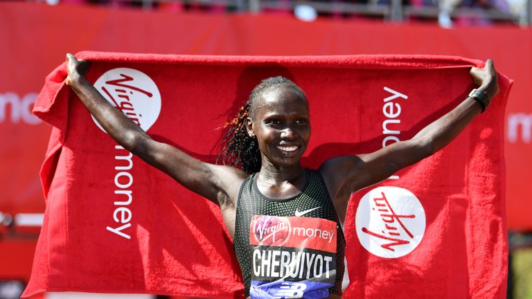 Vivian Cheruiyot after winning the Virgin Money London Marathon at United Kingdom on April 22, 2018 in London, England.