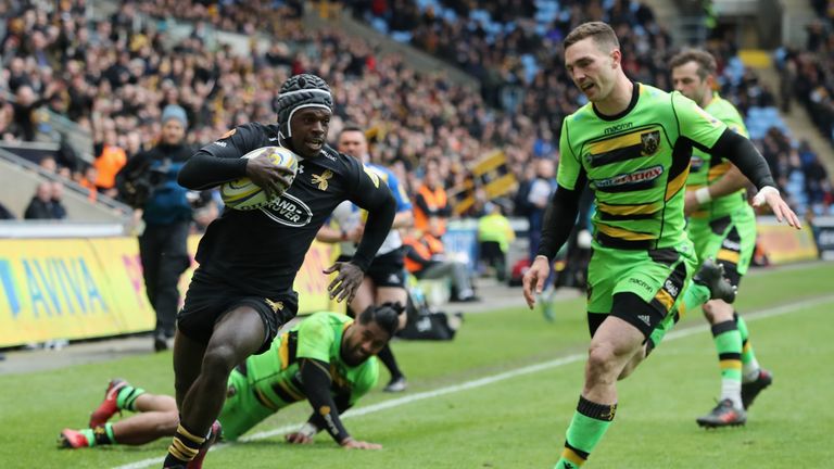during the Aviva Premiership match between Wasps and Northampton Saints at The Ricoh Arena on April 29, 2018 in Coventry, England.