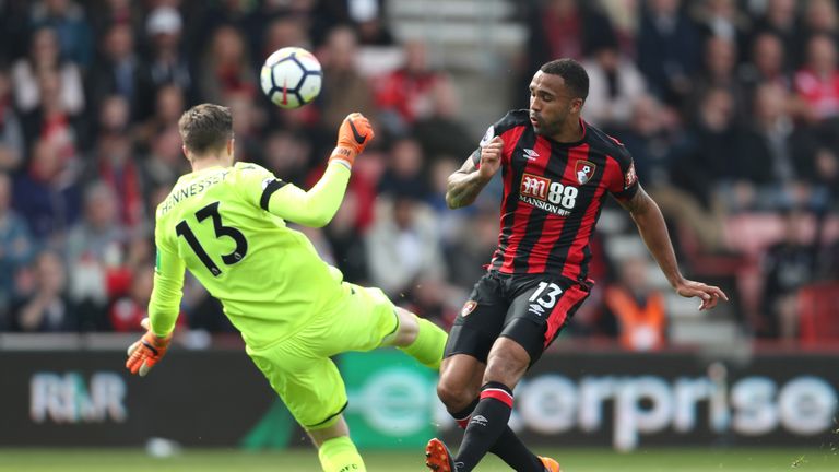 Wayne Hennessey saves a shot from Callum Wilson during the Premier League match between Bournemouth and Crystal Palace at the Vitality Stadium