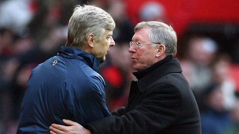 Arsene Wenger and Sir Alex Ferguson speak following Arsenal's Premier League match with Manchester United in 2008.