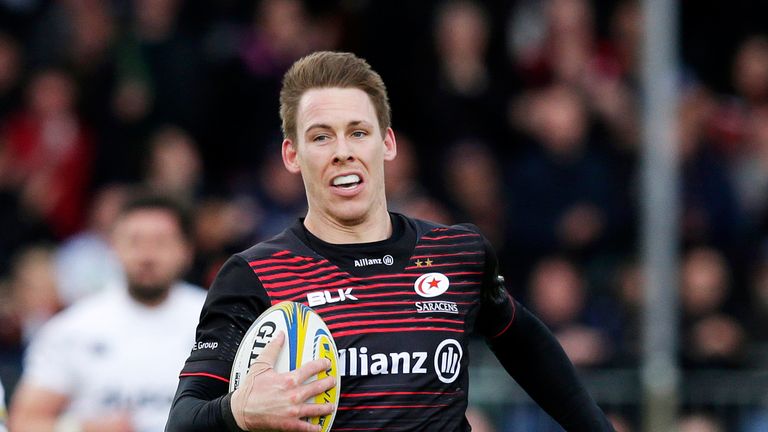 Liam Williams runs in to score a try for Saracens