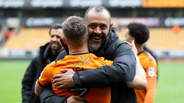 Wolverhampton Wanderers manager Nuno Espirito Santo celebrates the 2-0 Sky Bet Championship victory over Birmingham City and winning promotion to the Premier League