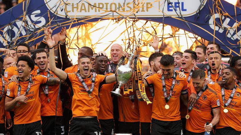 Wolverhampton Wanderers celebrate after being crowned champions of the Sky Bet Championship at Molineux on April 28, 2018