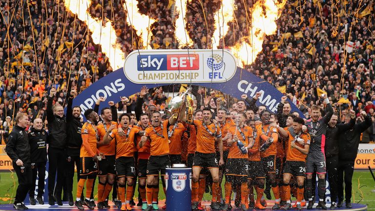 Wolverhampton Wanders lift the Sky Bet Championship trophy after the match against Sheffield Wednesday at Molineux on April 28, 2018