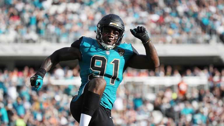Yannick Ngakoue #91 of the Jacksonville Jaguars on the field in the second half of their game against the Cincinnati Bengals at EverBank Field on November 5, 2017 in Jacksonville, Florida.