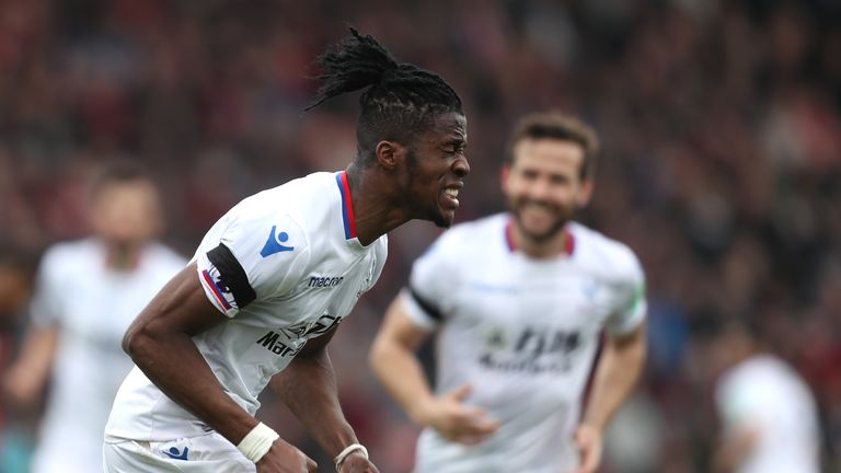 Wilfried Zaha celebrates his goal against Bournemouth