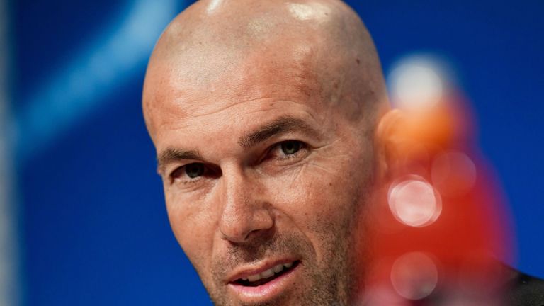 Zinedine Zidane addresses the media during a press conference on the eve of the UEFA Champions League semi-final, first-leg between Bayern Munich and Real Madrid