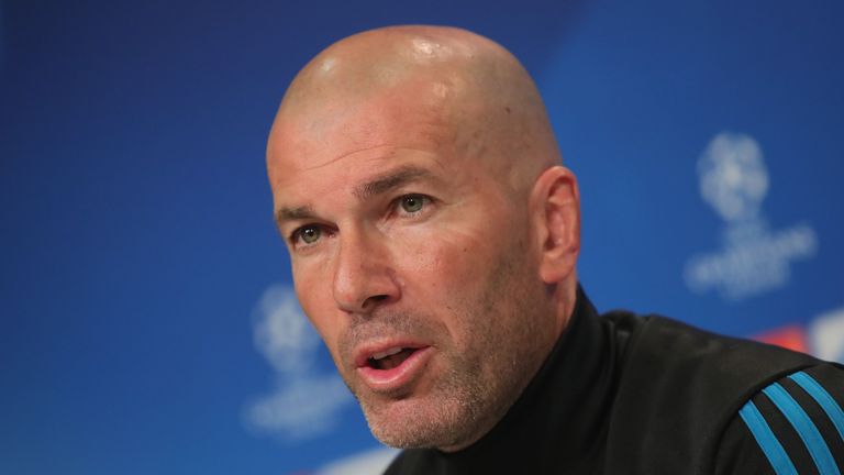 Zinedine Zidane addresses the media during a press conference ahead of the UEFA Champions League semi-final, first leg against Bayern Munich at the Allianz Arena