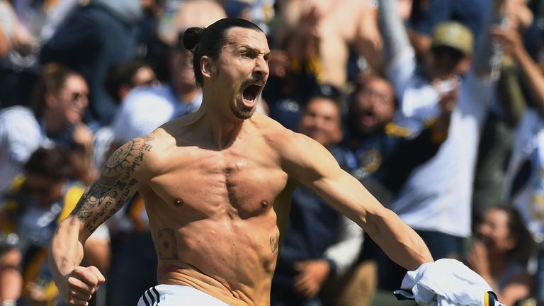 Zlatan Ibrahimovic from LA Galaxy celebrates after scoring against LAFC during their Major League Soccer (MLS) game at the StarHub Center in Los Angeles, California, on March 31, 2018. The 37 year old is playing his first game for the Los Angeles Galaxy.