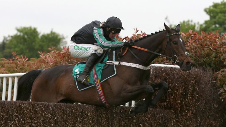 Altior ridden by Nico de Boinville clear the last fence before going on to win the bet365 Celebration Chase at Sandown