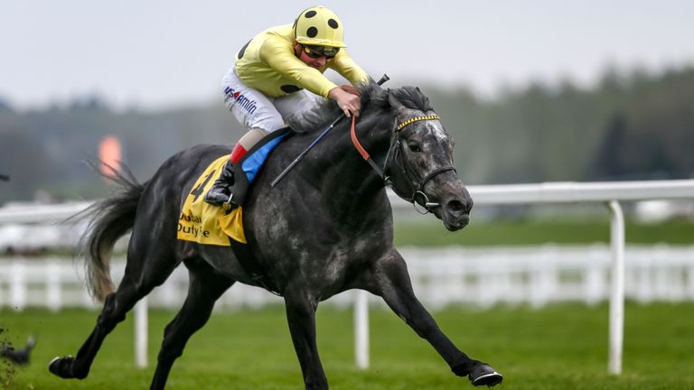 NEWBURY, ENGLAND - APRIL 21:  Andrea Atzeni riding Defoe win The Dubai Duty Free Finest Surprise Stakes at Newbury racecourse on April 21, 2018 in Newbury, England. (Photo by Alan Crowhurst/Getty Images)