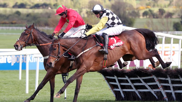 Next Destination ridden by Paul Townend (right) jumps the last before winning the Irish Daily Mirror Novice Hurdle ahead of Kilbricken Storm ridden by Harry Cobden during day two of the Punchestown Festival 2018 at Punchestown Racecourse, County Kildare. PRESS ASSOCIATION Photo. Picture date: Wednesday April 25, 2018. See PA story RACING Punchestown. Photo credit should read: Niall Carson/PA Wire