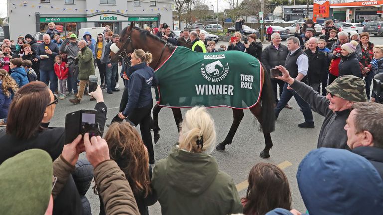 Trainer Gordon Elliot and Grand National Winner Tiger Roll  during the homecoming parade through Summerhill Village, County Meath. PRESS ASSOCIATION Photo. Picture date: Sunday April 15, 2018. See PA story RACING National. Photo credit should read: Niall Carson/PA Wire
