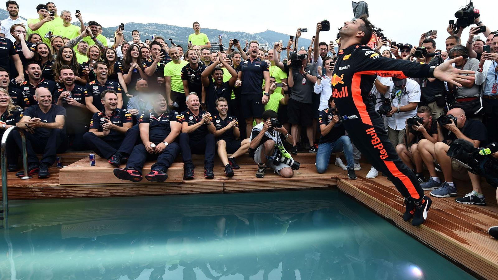 Daniel Ricciardo celebrates Monaco win in Red Bull's pool... with SSN ...