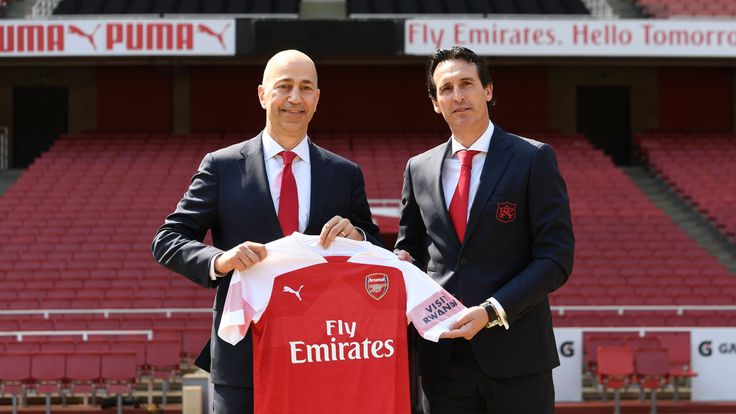 New Arsenal Head Coach Unai Emery poses for a photograph with Arsenal CEO Ivan Gazidis at the Emirates Stadium on May 23, 2018