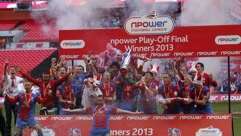 Crystal Palace celebrate after being promoted following victory in the English Championship Play Off final football match between Crystal Palace and Watford