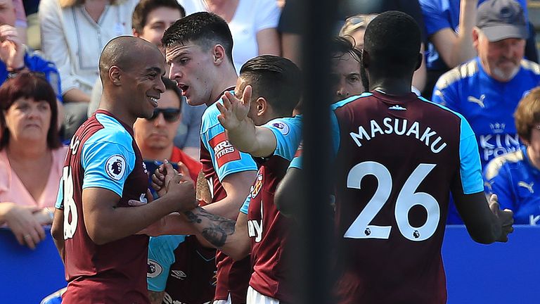 Joao Mario is congratulated by team-mates after giving West Ham the lead at Leicester