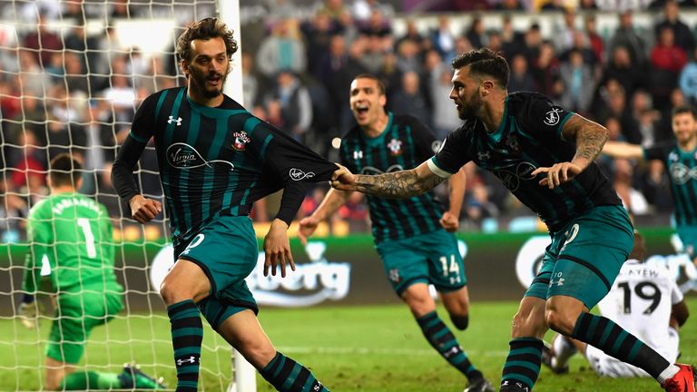 Manolo Gabbiadini during the Premier League match between Swansea City and Southampton at Liberty Stadium on May 8, 2018 in Swansea, Wales.