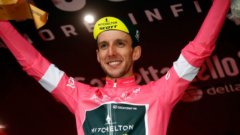Simon Yates celebrates after taking the overall lead in the Giro d'Italia 