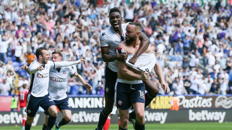 Bolton Wanderers' Aaron Wilbraham celebrates scoring his side's third goal during the Sky Bet Championship match against Nottingham Forest at the Macron Stadium on May 6, 2018
