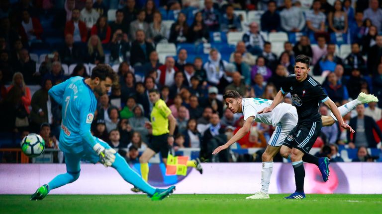 Achraf Hakimi gets his shot away to make it 4-0 on Saturday