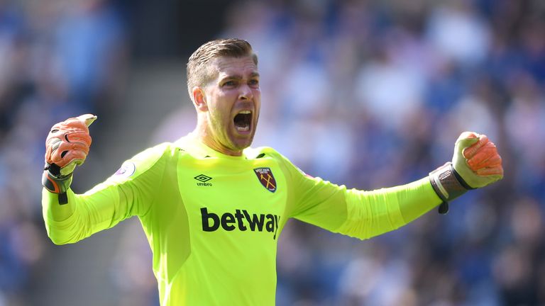 Adrian celebrates West Ham's opener against Leicester