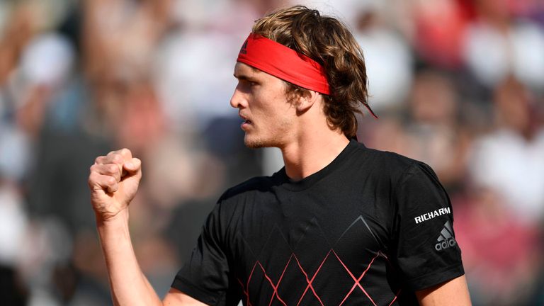 Germany's Alexander Zverev reacts during his match against Britain's Kyle Edmund during Rome's ATP Tennis Open tournament at the Foro Italico, on May 17, 2018 in Rome