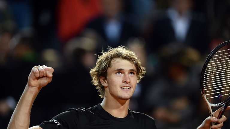 Alexander Zverev of Germany celebrates after defeating Marin Cilic of Croatia during the ATP Tennis Open tournament semi final match at the Foro Italico, on May 19, 2018 in Rome 