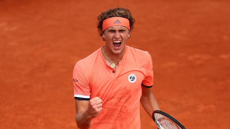 Alexander Zverev of Germany celebrates during the mens singles second round match against Dusan Lajovic of Serbia during day four of the 2018 French Open at Roland Garros on May 30, 2018 in Paris, France