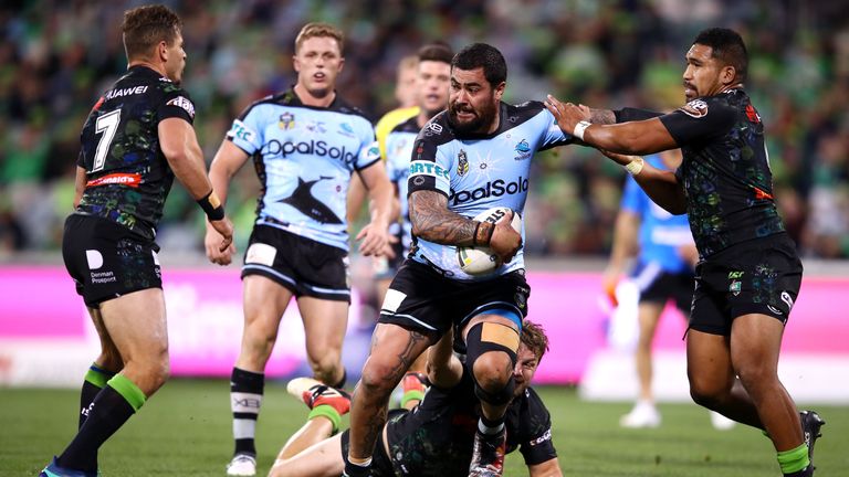 Andrew Fifita of the Cronulla Sharks in action against the Canberra Raiders in the NRL
