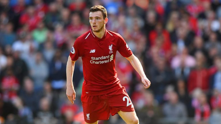 Andrew Robertson during the Premier League match between Liverpool and Brighton and Hove Albion at Anfield on May 13, 2018 in Liverpool, England.