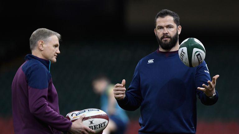 Ireland coach Joe Schmidt (l) with his defence coach Andy Farrell 