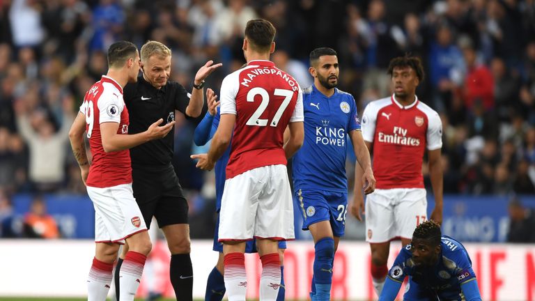  during the Premier League match between Leicester City and Arsenal at The King Power Stadium on May 9, 2018 in Leicester, England.