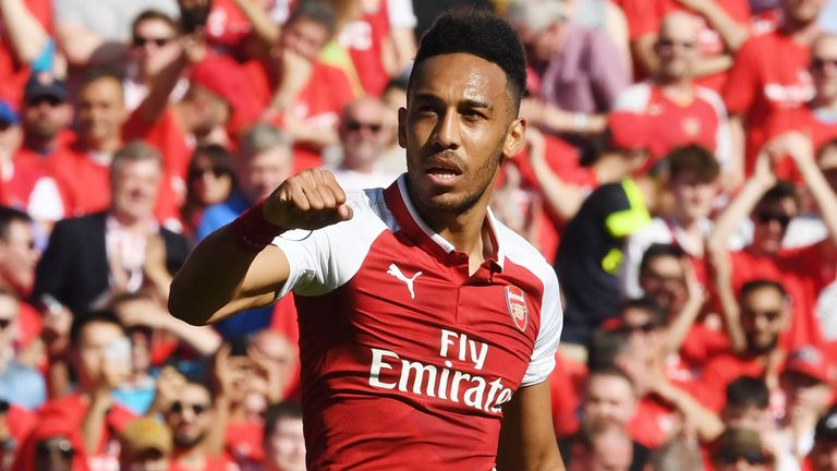 Pierre-Emerick Aubameyang celebrates after scoring for Arsenal against Burnley in the Premier League.