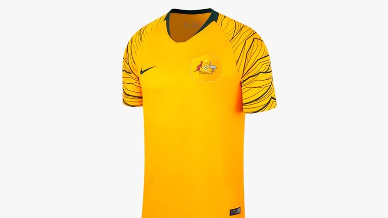 The Socceroos' gold and green home shirt has a sharp graphic on the sleeves