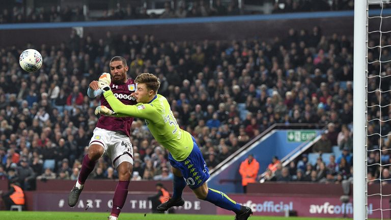 during the Sky Bet Championship match between Aston Villa and Leeds United at Villa Park on April 13, 2018 in Birmingham, England.