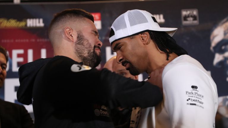 THE REMATCH PROMOTION.FINAL PRESS CONFERENCE.PARK PALZA HOTEL,.LONDON,.PIC;LAWRENCE LUSTIG.HEAVYWEIGHTS.TONY BELLEW AND DAVID HAYE MEET FACE TO FACE AND THINGS GET HEATED AHEAD OF HIS THEIR  FIGHT AT THE 02 ARENA ,LONDON ON EDDIE HEARNS MATCHROOM PROMOTION ON SATURDAY 5TH MAY