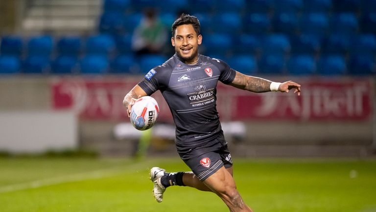  St Helens' Ben Barba scores his hat-trick of tries against Salford Red Devils