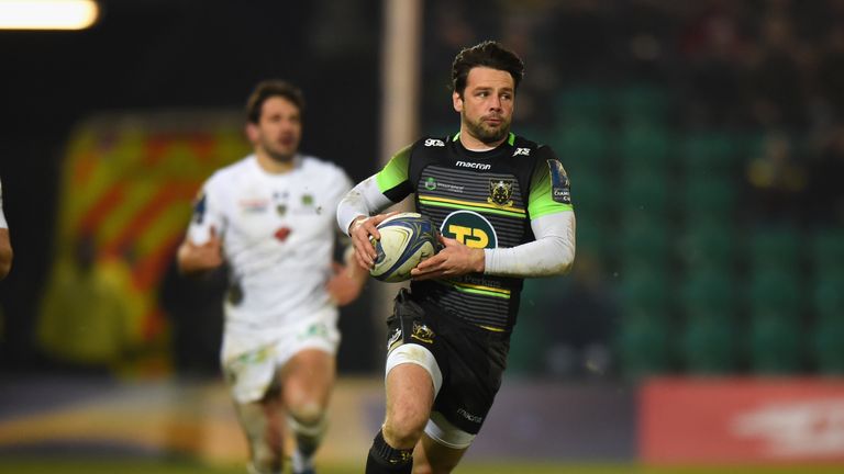 Ben Foden of Northampton Saints is tackled by xxxx of  ASM Clermont Auvergne during the European Rugby Champions Cup match between Northampton Saints and ASM Clermont Auvergne at Franklin's Gardens on January 13, 2018 in Northampton, England.