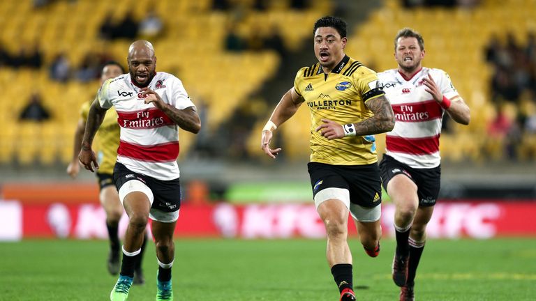 Ben Lam chases forward for the Hurricanes against the Lions in Super Rugby
