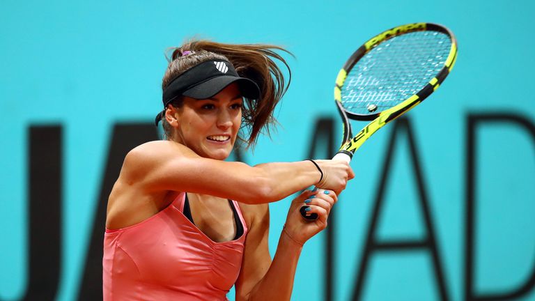 Bernarda Pera of USA plays a backhand in her match against Johanna Konta of Great Britain during day four of the Mutua Madrid Open tennis tournament at the Caja Magica on May 8, 2018 in Madrid, Spain..