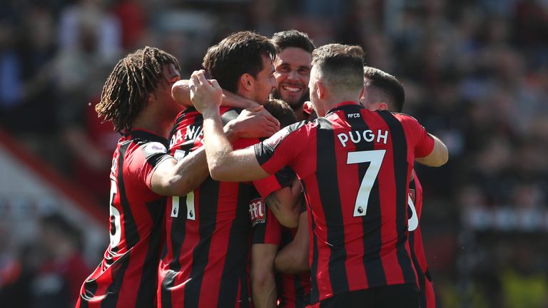 Bournemouth players celebrate after Ryan Fraser's goal against Swansea