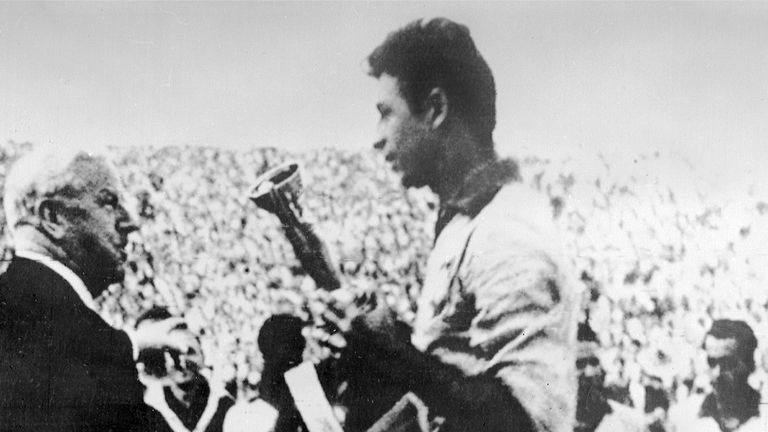 Brazil captain Mauro is handed the Jules Rimet Cup in June 1962