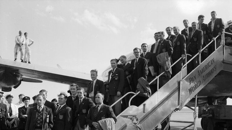 The England football team arrives back at London Airport (Heathrow) from Rio after failure in the World Cup