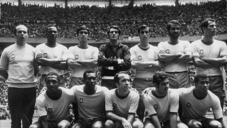 The Brazilian World Cup team pose for a team photo during the FIFA World Cup Tournament in 1970 held in Mexico